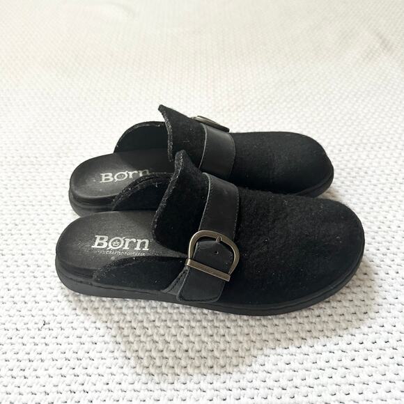 Born Comfort Black Lia Slip On Wool Open Back Clogs Buckle Strap Women 8-8.5 - Picture 2 of 7